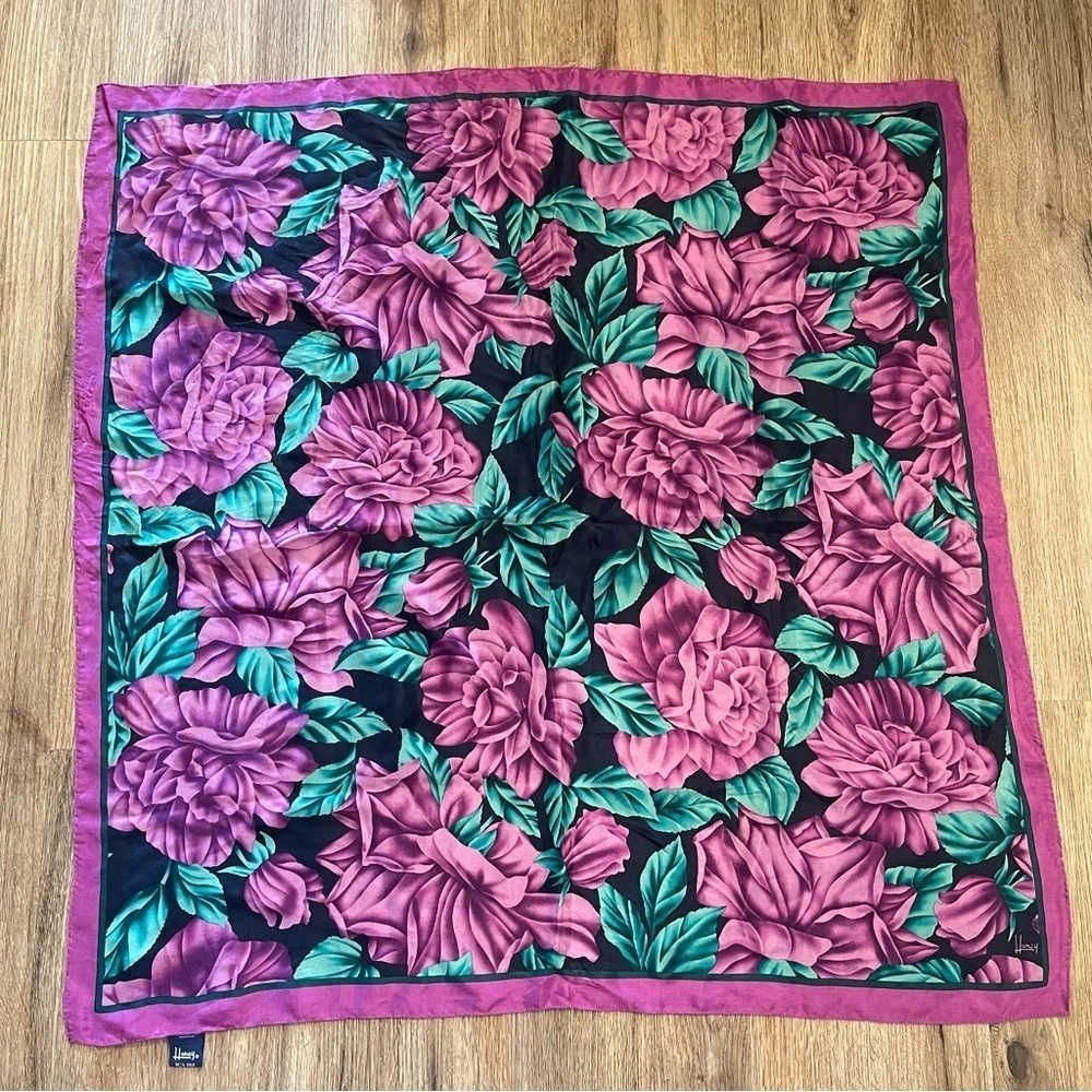 Vtg Honey 100% Silk Square Scarf Purple Green Floral Accesories Head Wrap 31